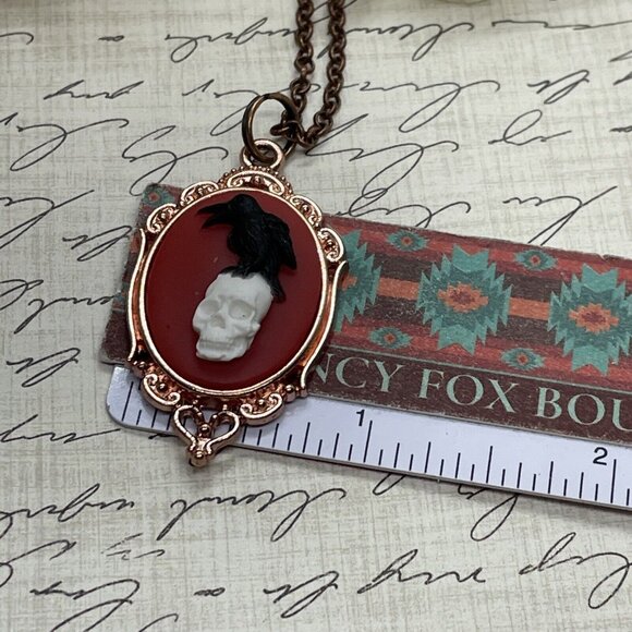 ROSE Gold Red Gothic Crow Raven Rose Skull Wedding Party Jewelry necklace Cameo - Picture 8 of 11